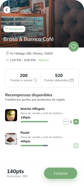 Vista de las recompensas que ofrece un negocio en la aplicación Hunter.
